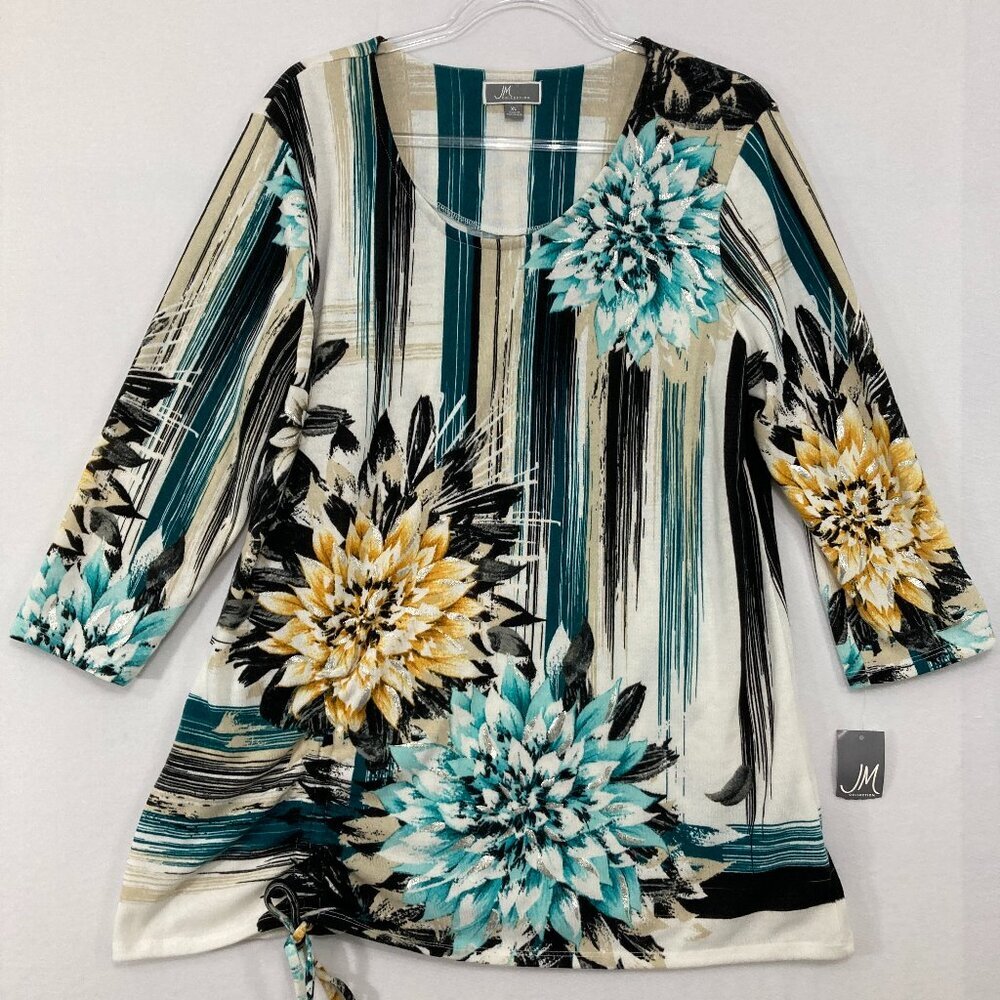 New JM Collection size XL Floral Abstract Stretch Knit 3/4 Sleeve Feminine Top